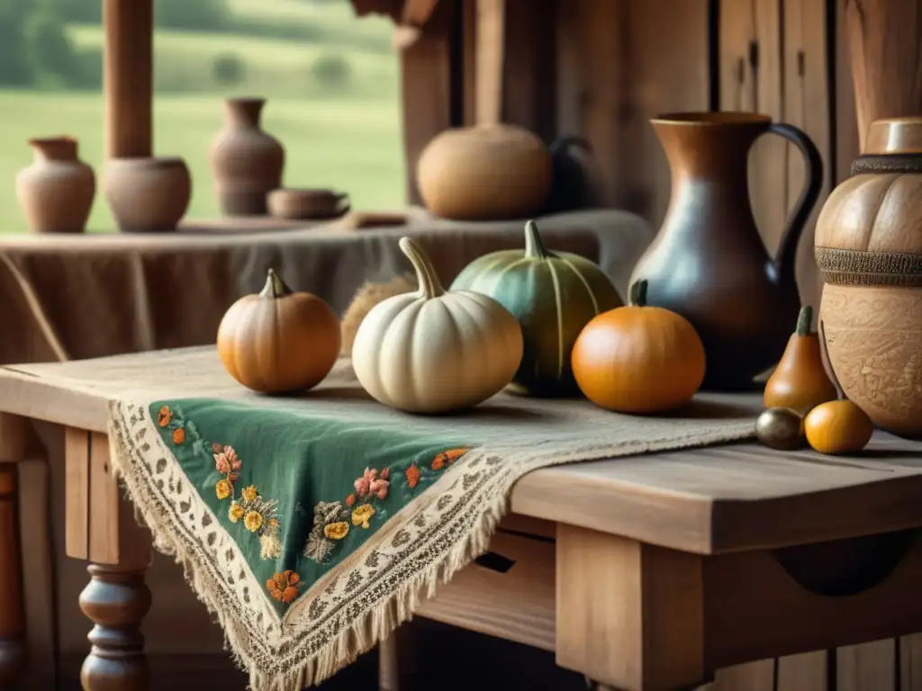 Escena rústica con mesa de madera, mate antiguo, libros vintage y pintura de paisaje: Tradición del mate en la región