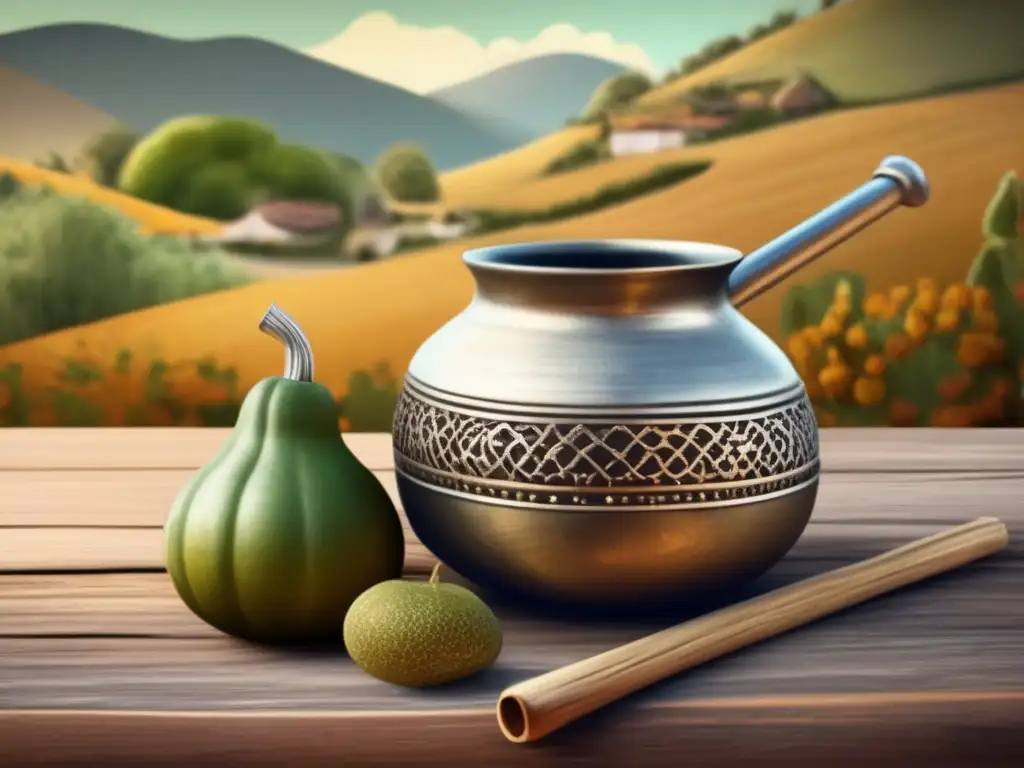 Escena rústica con mate y paisaje rioplatense Escena rústica rioplatense con mate y paisaje - Coctelería con yerba mate compuesta