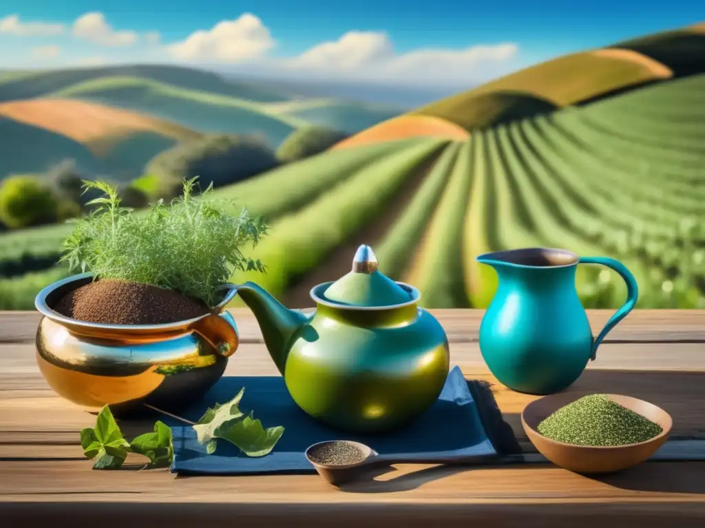 Una escena serena en el campo con mesa rústica, mate y bombilla, paisaje verde de yerba mate y aves coloridas