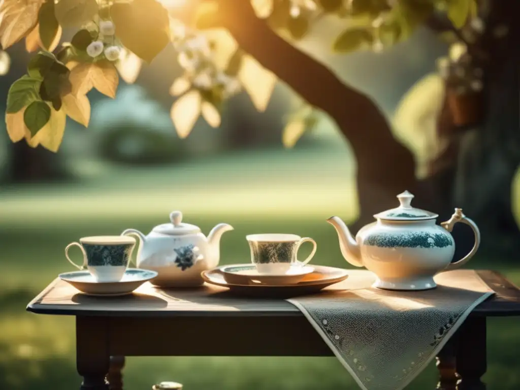 Escena serena en el campo con mesa de madera bajo árbol, mate recién hecho y beneficios del mate para colesterol