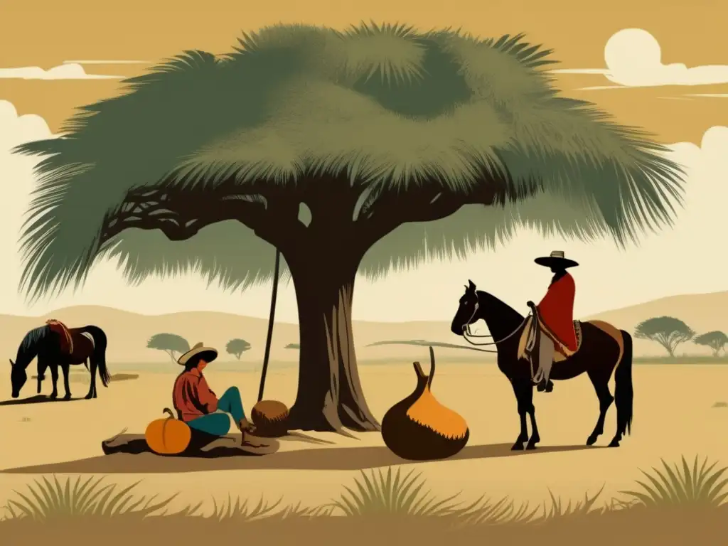 Ilustración vintage de una escena serena en las pampas argentinas con un gaucho disfrutando de un mate bajo un ombú