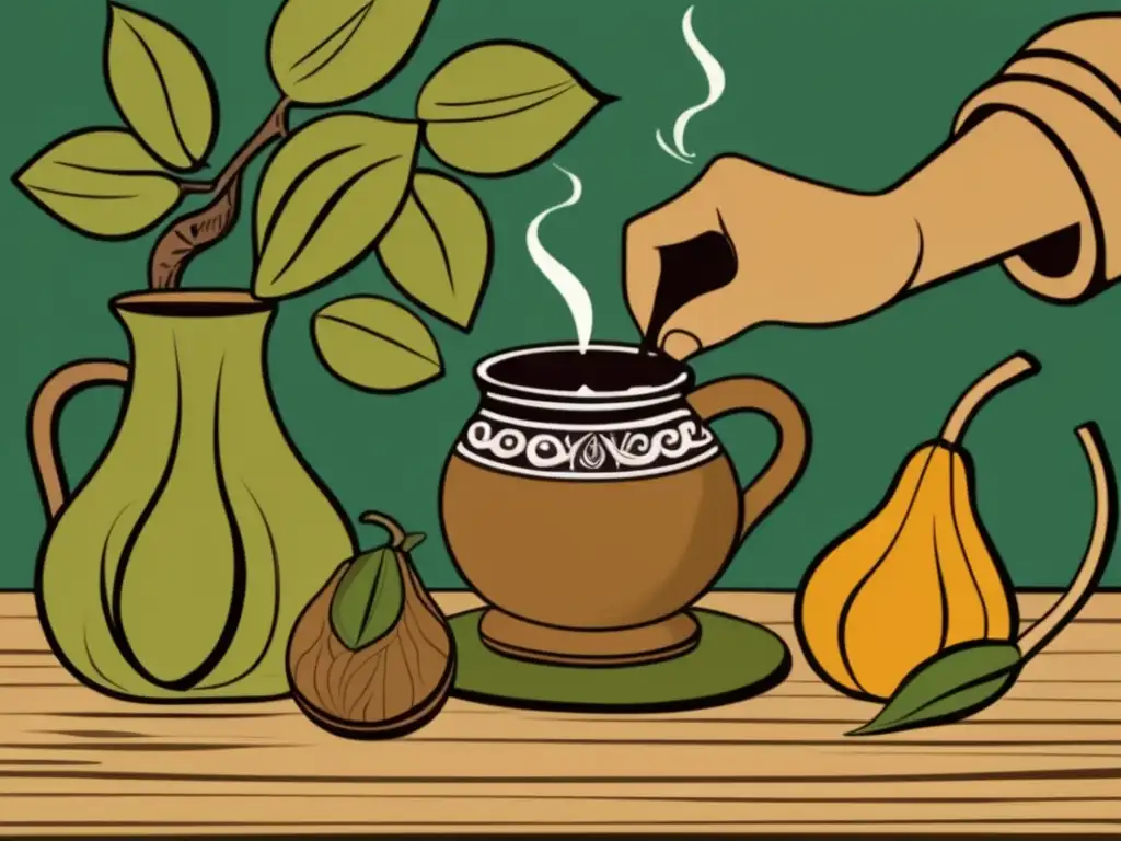 Escena tradicional de preparación de mate en el Cono Sur con gourds tallados y paisaje pintoresco