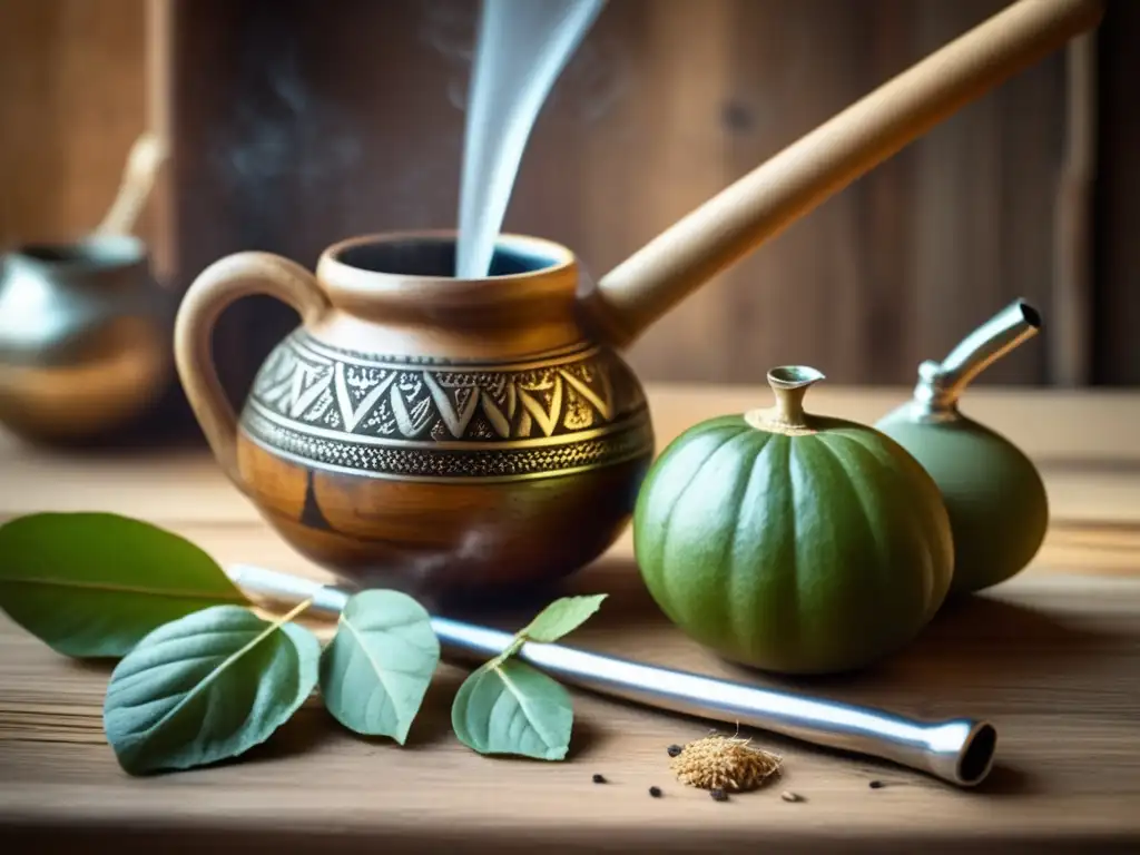 Escena tradicional de preparación de mate con mesa de madera, mate y yerba