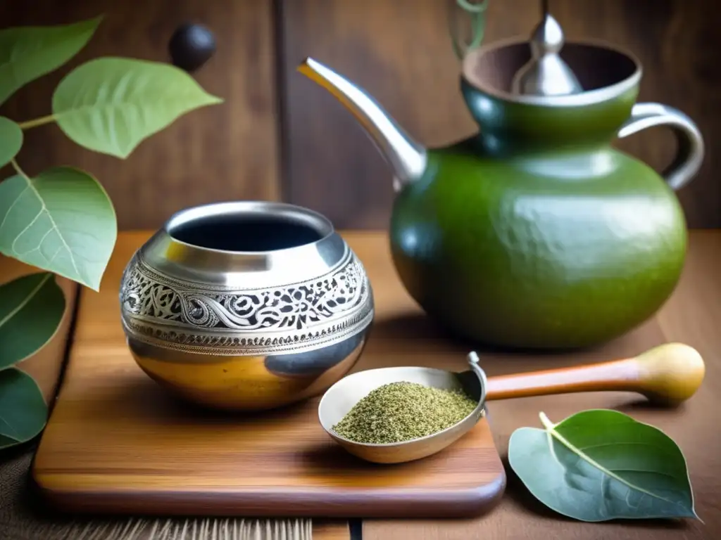 Escena tradicional de preparación de mate con gourd de plata y yerba mate