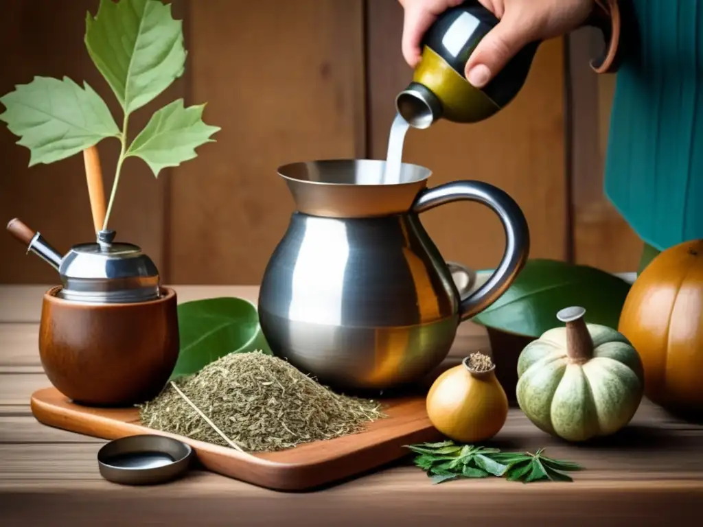 Escena tradicional de preparación del mate con utensilios y beneficios para concentración