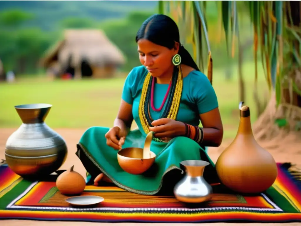 Escena tradicional de los Guarani con mate, naturaleza exuberante y prácticas ecoamigables (110 caracteres)