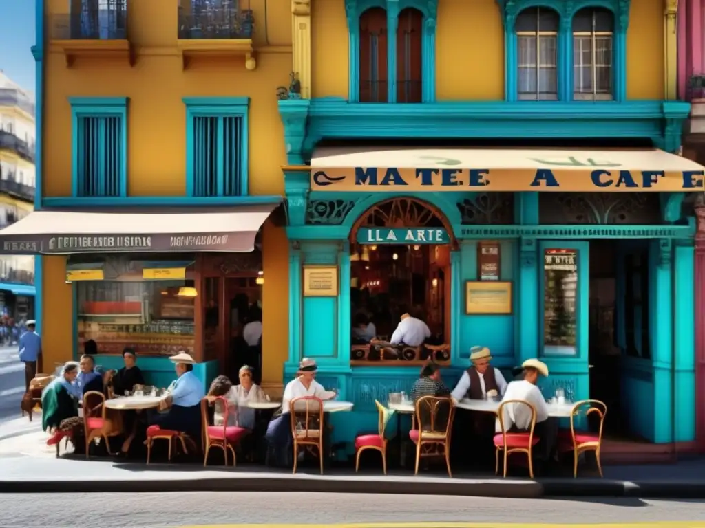 Escena vibrante en un café de Buenos Aires en la década de 1940, destaca la tradición del mate en el Río de la Plata