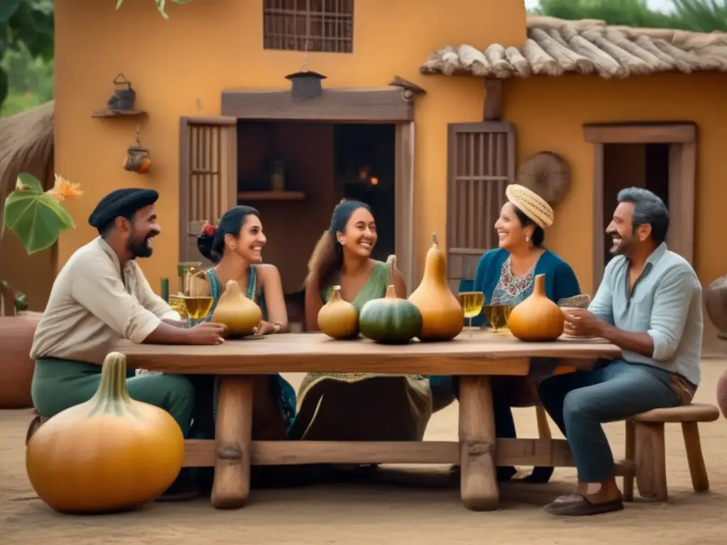 Escena vintage amigos alrededor de una mesa de madera en un patio tradicional en Río de la Plata con mate