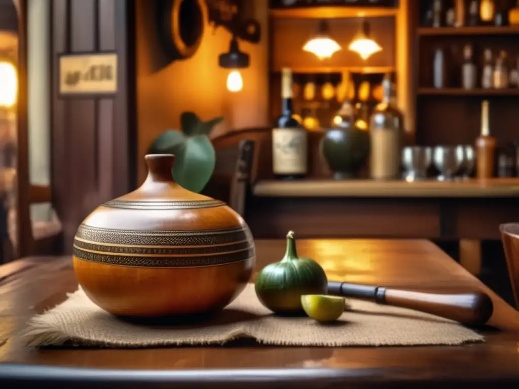 Tradición del mate en Buenos Aires: escena vintage en un bar con mate, yerba y ambiente acogedor