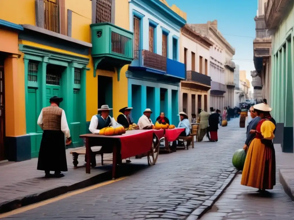 Tradición del mate en Montevideo: escena vintage de la Ciudad Vieja con calles empedradas y edificios coloniales adornados con murales y señales desgastadas