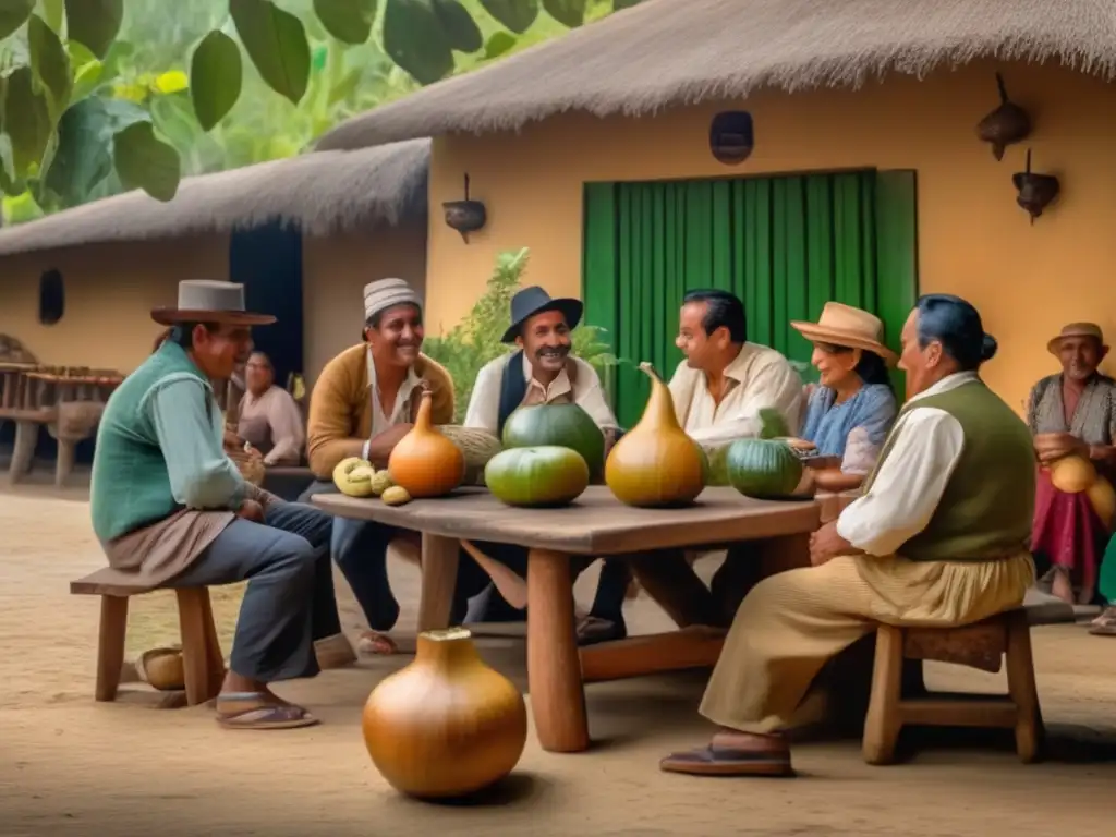 Escena vintage de mate: amigos disfrutan de un animado encuentro rioplatense con mate, rodeados de naturaleza y tradición