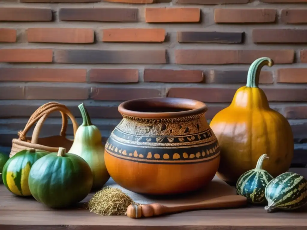 Estrategias de marketing para mate artesanal: Mesa de madera vintage decorada con mates, bombillas y yerba mate