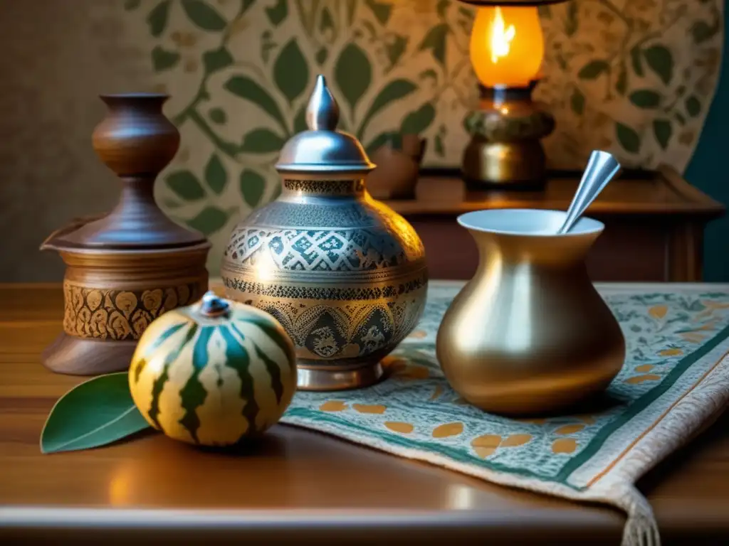 Estrategias de marketing para mate online: Mesa de madera con mantel vintage, mate de cerámica y bombilla de plata en un ambiente nostálgico