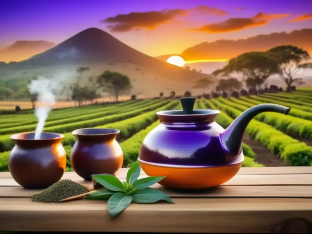 Estrategias marketing yerba mate global: Plantación de yerba mate al atardecer, con colores vibrantes y tradiciones auténticas