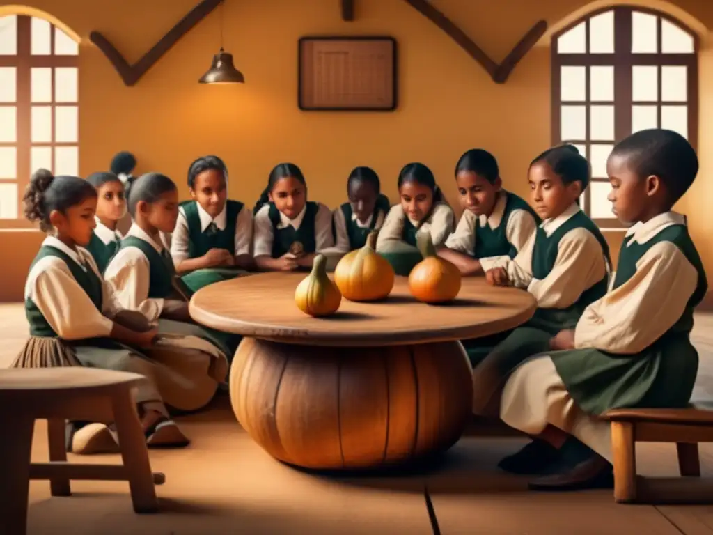 Ilustración vintage de estudiantes compartiendo mate en aula - Enseñanza del mate en escuelas