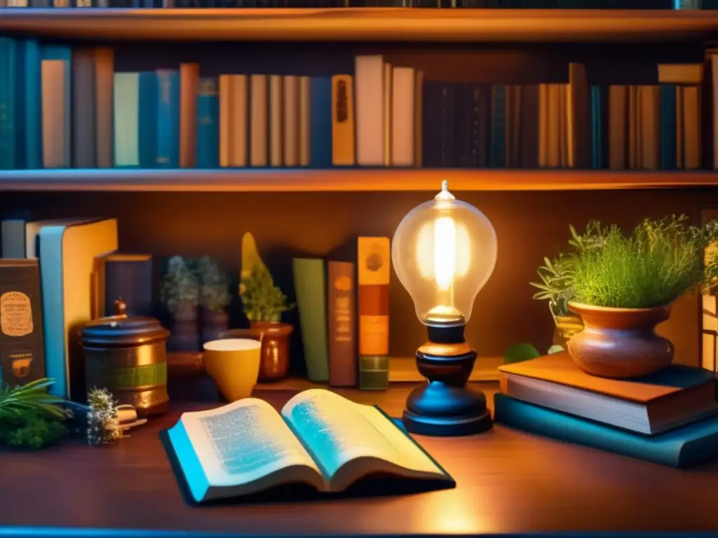 Estudio acogedor con estanterías llenas de clásicos literarios, mate saborizado y una lámpara de escritorio iluminando un libro abierto