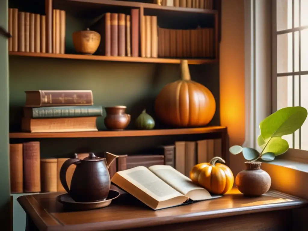 Estudio acogedor con estanterías de madera llenas de libros antiguos, sillón de cuero desgastado y mesa redonda con mate, bombilla y yerba mate