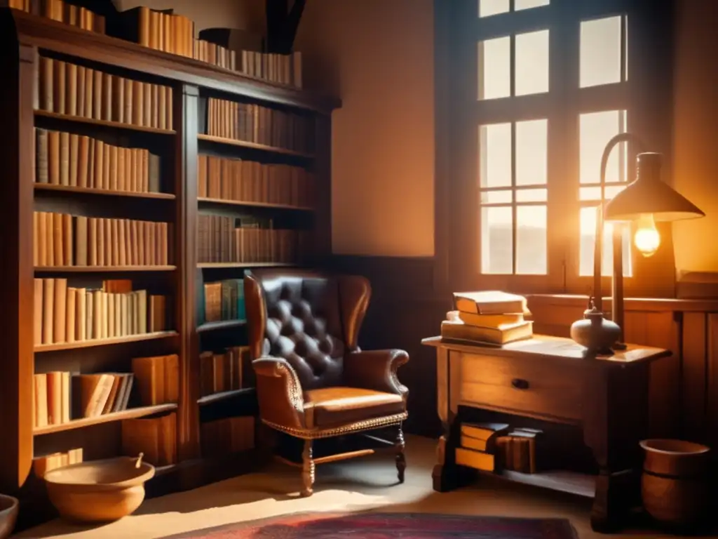 Estudio acogedor con estanterías de madera llenas de libros antiguos y una mesa con mate y bombilla - Termos solares para mate sostenible