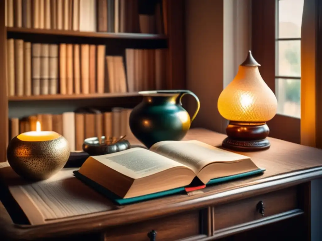 Estudio acogedor con libros clásicos, mate y nostalgia