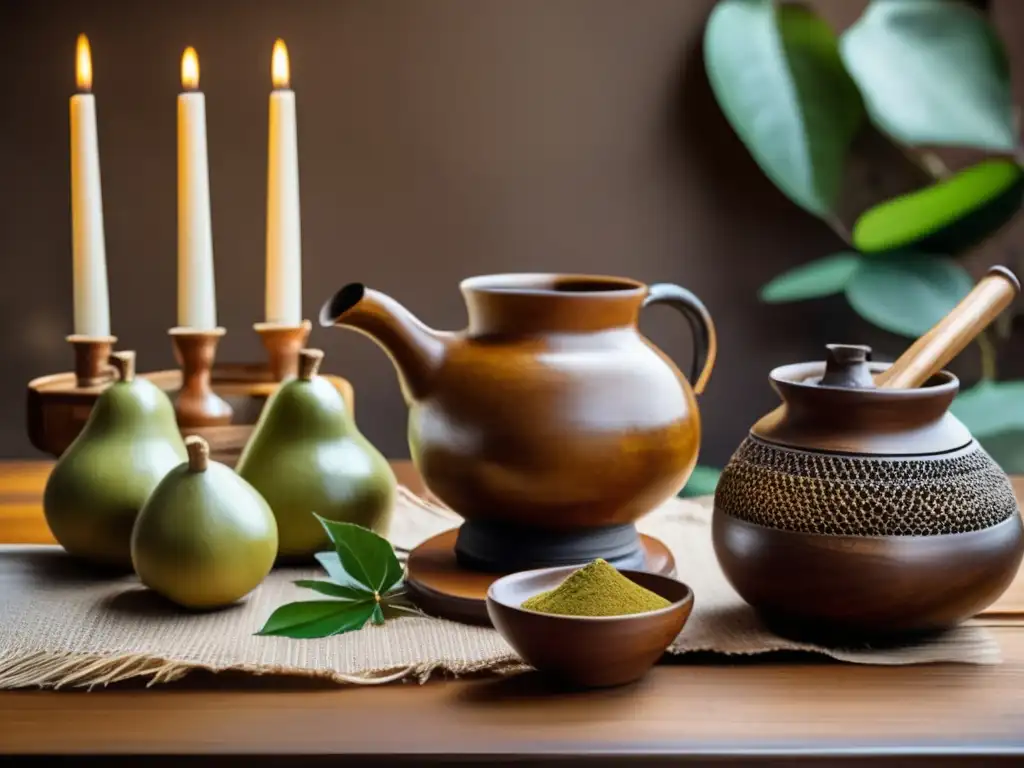 Organizar evento degustación mate amargo en mesa de madera con gourds de cerámica, bombillas y yerba mate