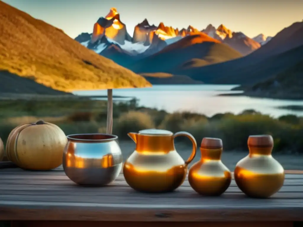 Eventos únicos celebración tradición mate Patagonia: Escena vintage con paisaje patagónico al atardecer, mesa rústica con mate, bombillas y termo