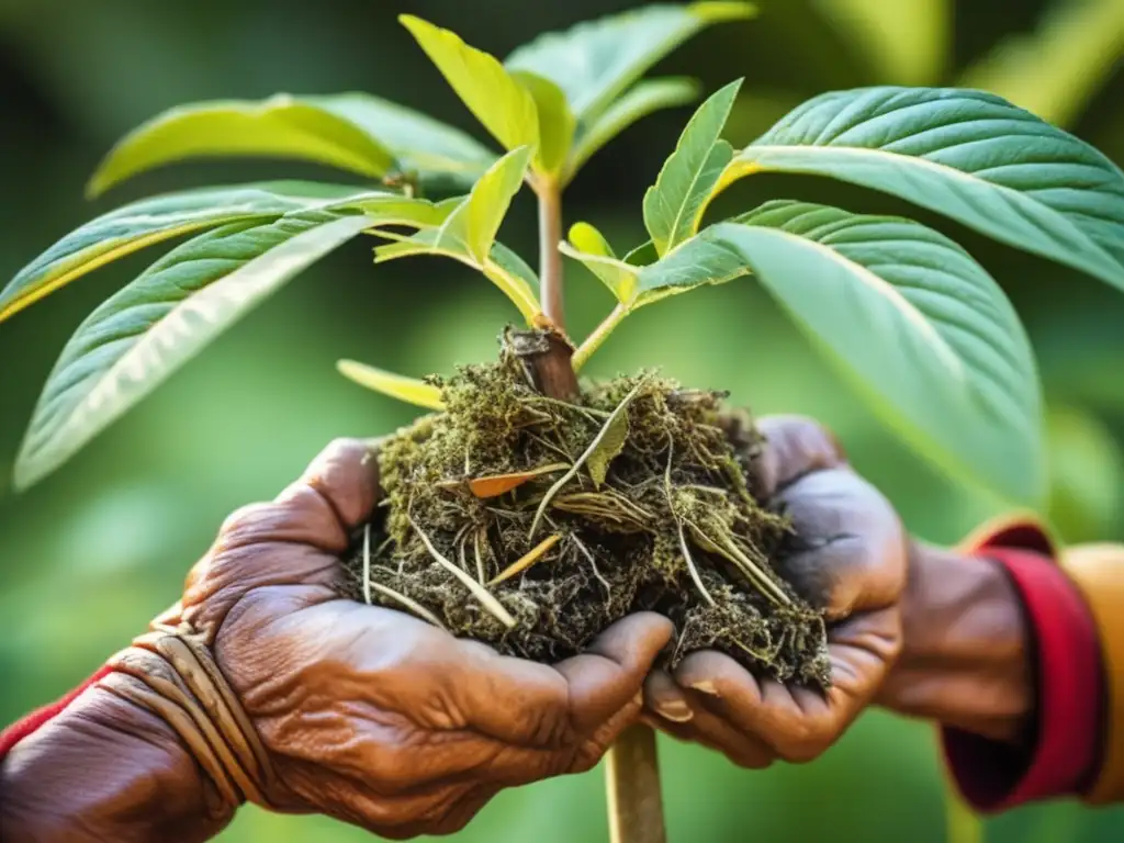 Expertos en cuidado de plantaciones de yerba mate: manos arrugadas podando con dedicación, evocando tradición y prácticas ancestrales