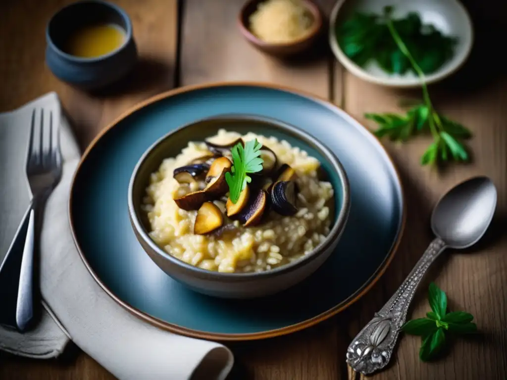 La fotografía muestra un exquisito risotto gourmet con mate, en una presentación elegante y vintage