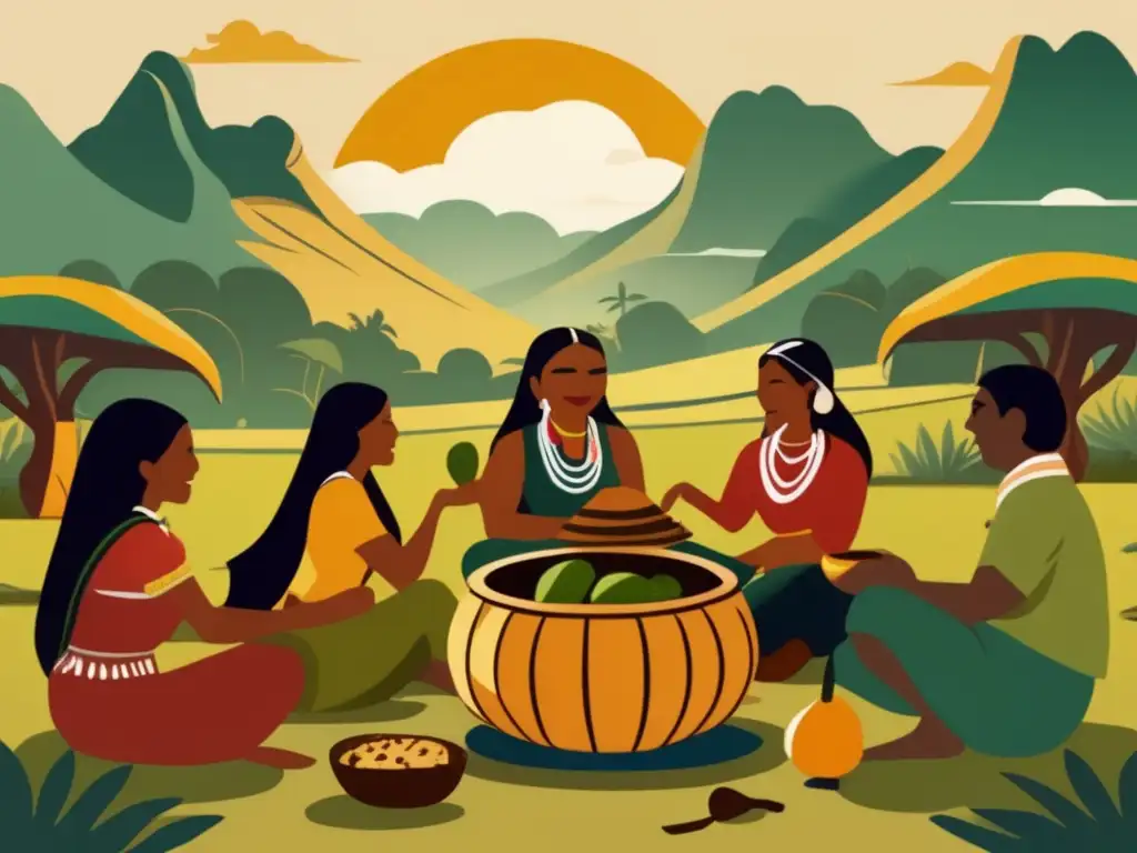 Ilustración vintage de una exuberante paisaje sudamericano con indígenas compartiendo mate: Beneficios saludables del mate tradicional