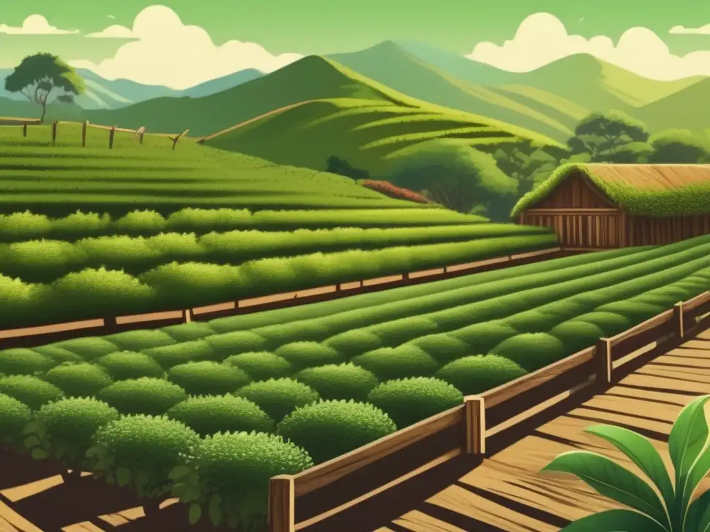 Ilustración vintage de una plantación exuberante de yerba mate