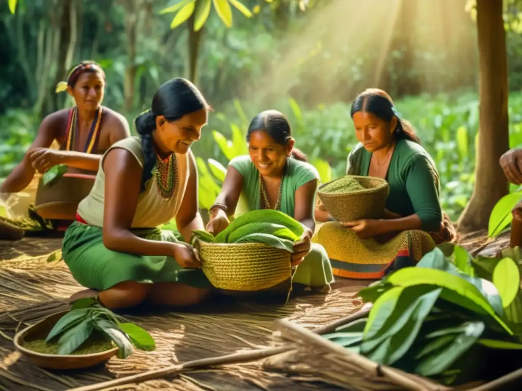 Familia indígena Guaraní cosechando y procesando yerba mate en un bosque exuberante