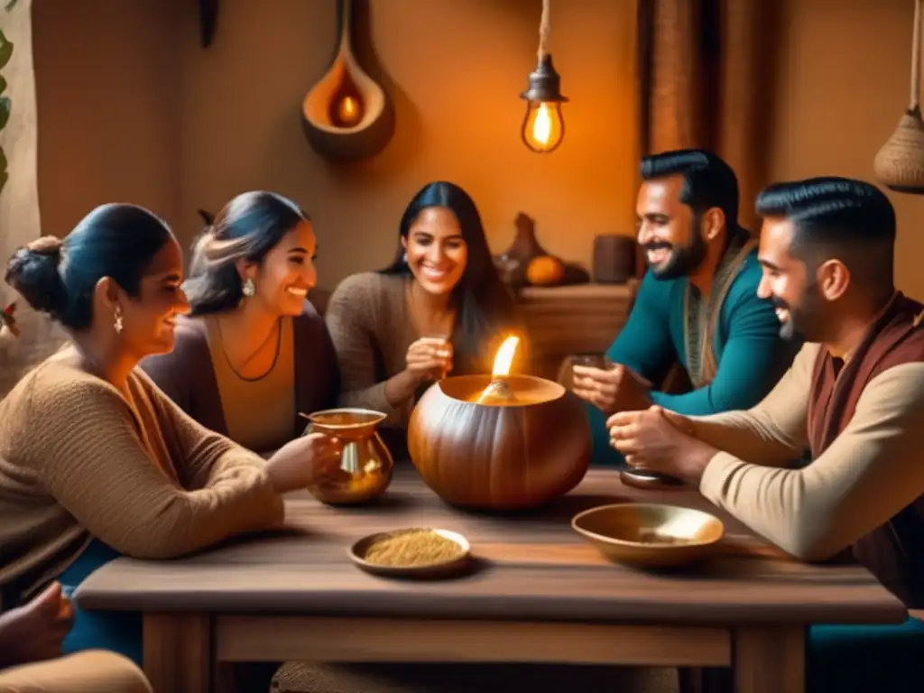 Feria del Mate artesanal Rioplatense: Una reunión tradicional rioplatense en una acogedora sala rústica llena de tonos cálidos