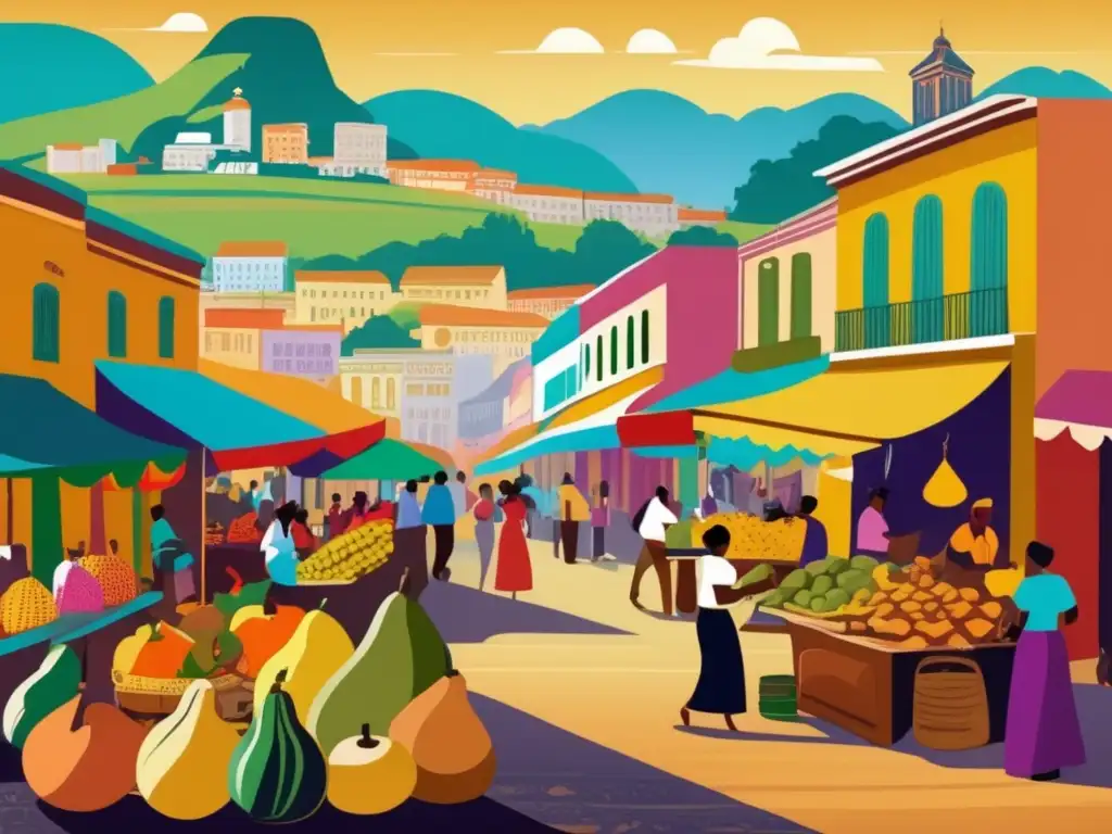 Ferias del mate en Brasil: una imagen vintage que muestra un animado mercado callejero lleno de colores vibrantes y un ambiente animado