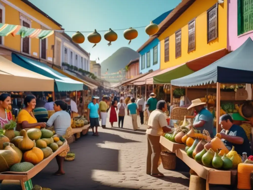 Ferias del mate en Brasil: escena vibrante y colorida de un mercado callejero con productos tradicionales y ambiente animado