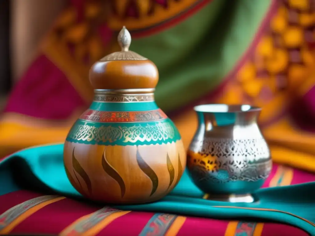 Ferias tradicionales rioplatenses del mate con gourd y bombilla en tela colorida