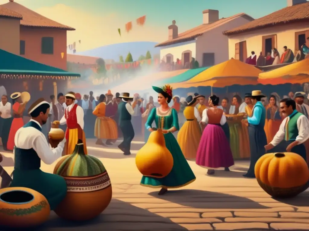 Festival rioplatense de mate Festival del mate rioplatense: escena de pintura vintage 8k ultradetallada que representa una animada plaza llena de personas disfrutando del mate y la compañía de amigos y familiares, con música y baile tradicional