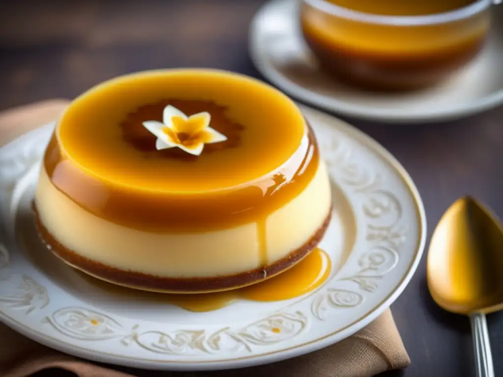 Flan casero con sabor a mate y decorado con frutas frescas