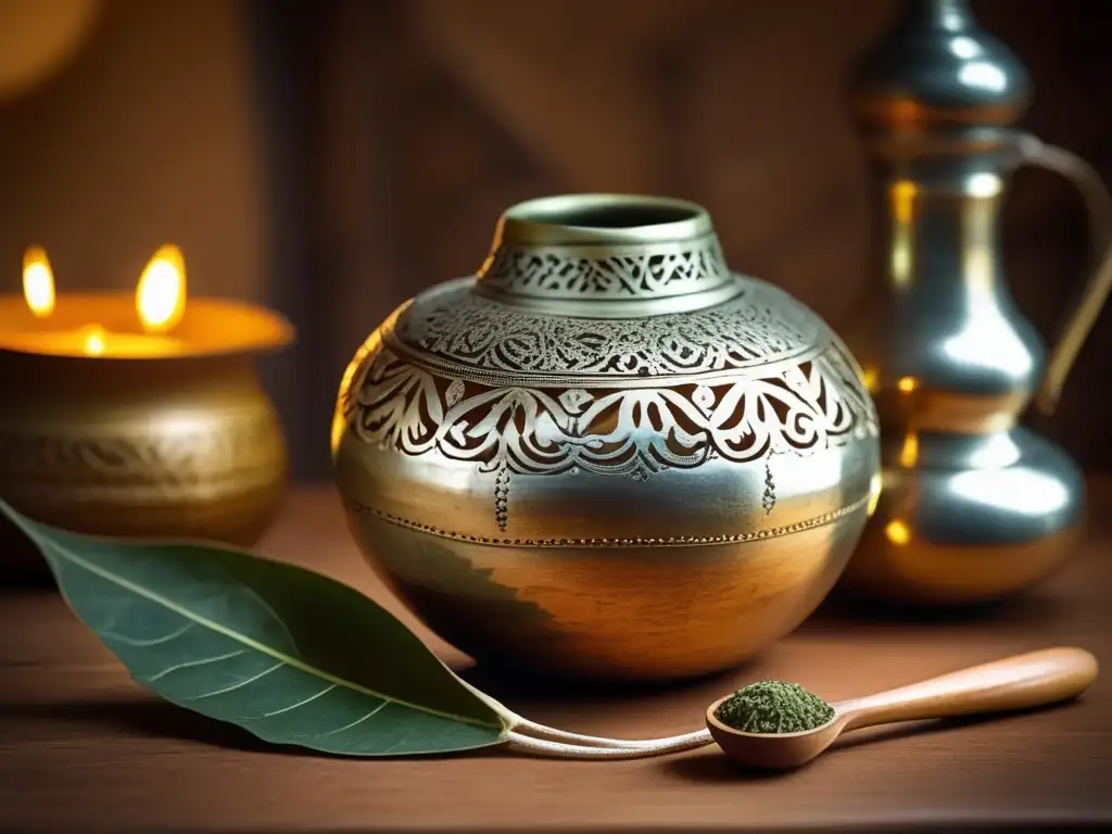 Futuro de la tradición del mate: Mate y bombilla vintage en una mesa de madera con hojas de yerba mate