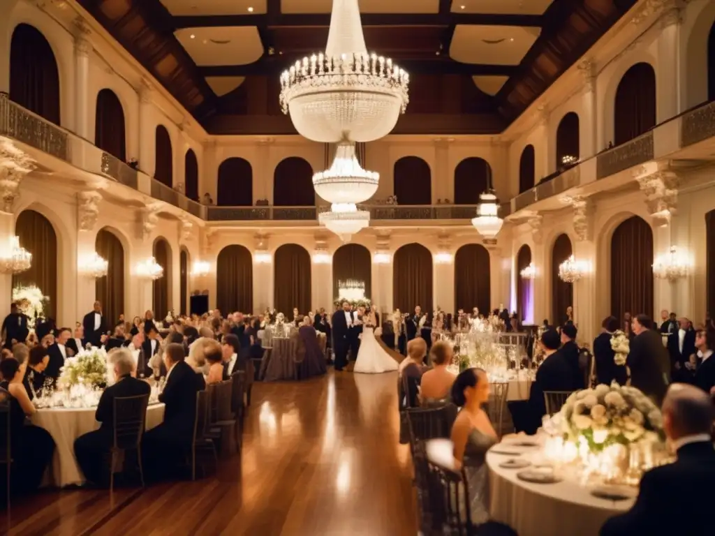 Gran salón de baile con elegante decoración y música clásica Gala del Mate: Tradición Rioplatense en un elegante salón de baile con arañas colgantes y parejas danzando al ritmo de la música clásica