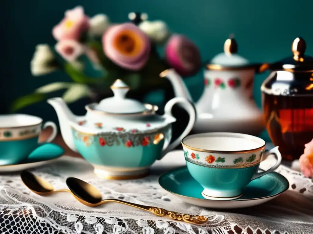 Conjunto de té vintage inspirado en encaje con mate y flores Gala del Mate: Tradición Rioplatense - Juego de té vintage con porcelana delicada, tetera estampada, azucarera y cucharillas de plata
