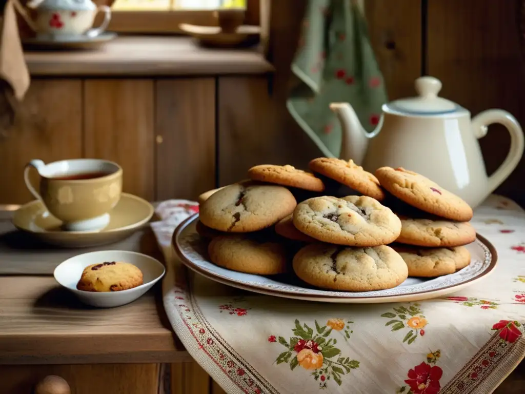 Galletas de campo para acompañar mate en una mesa rústica con mantel floral vintage en una acogedora cocina de campo