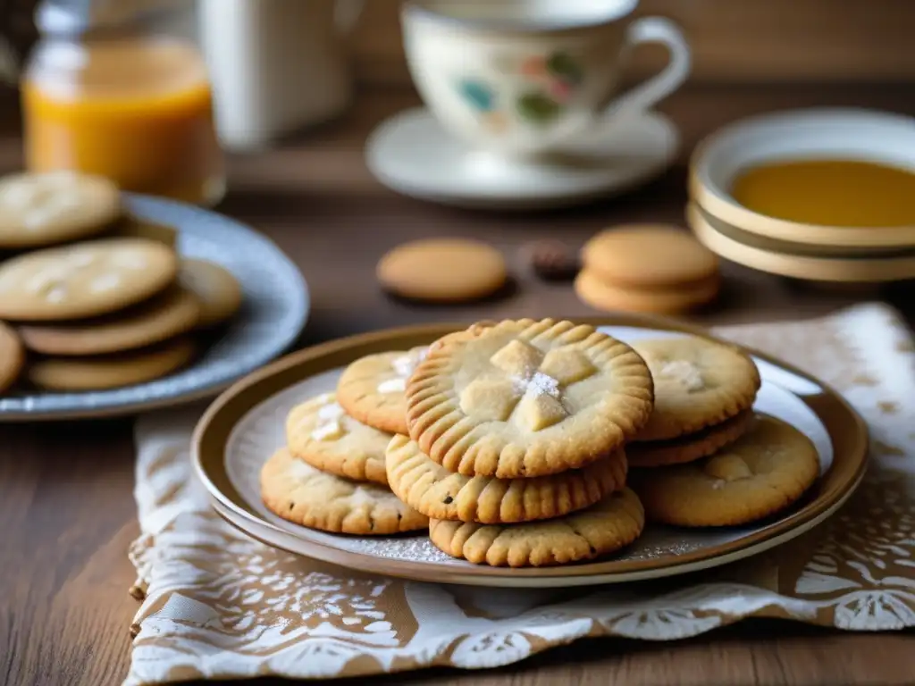 Galletas de mate y miel artesanales en una mesa vintage con té mate