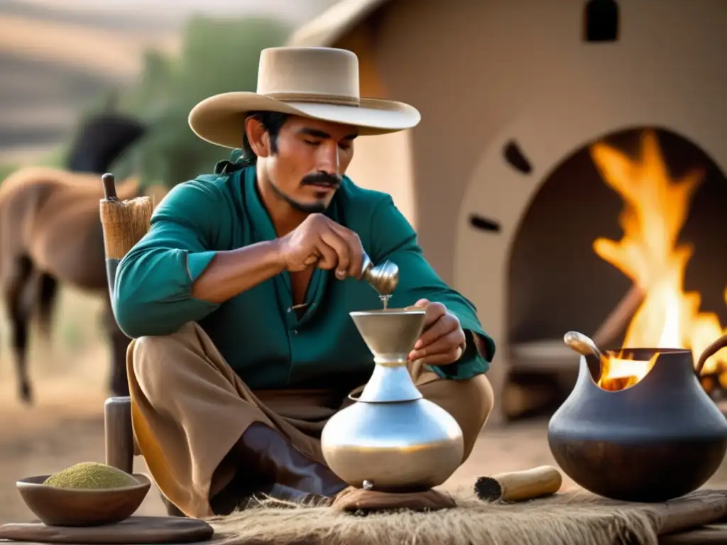 Gaucho preparando mate en entorno campestre - Diferencias entre mate gaucho y chimarrão