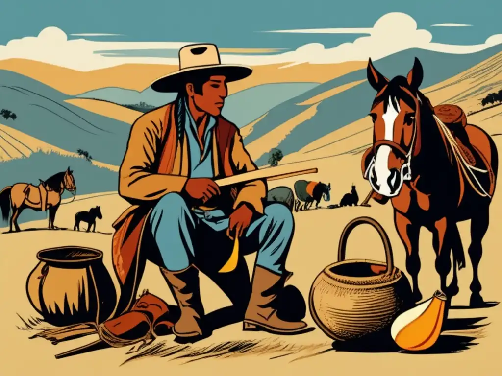 Ilustración vintage de gaucho preparando mate en la tradición del mate en literatura