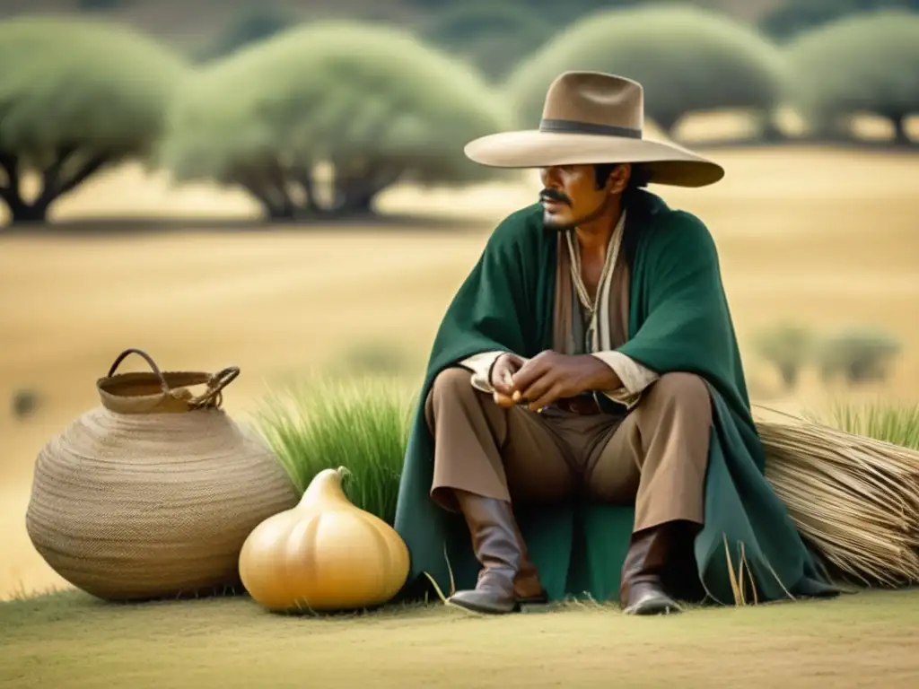 Gaucho rioplatense bajo árbol, vistiendo tradicionalmente, mate y bombilla reflejan historia del mate