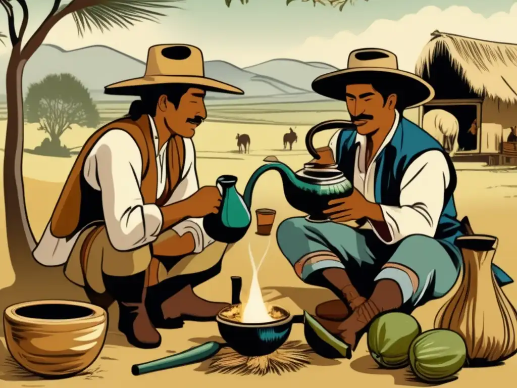 Ilustración vintage de un gaucho sudamericano preparando y disfrutando mate como símbolo de crítica social