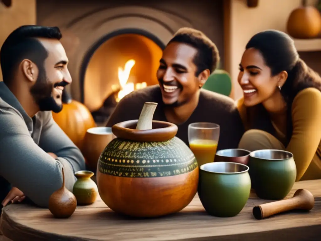 Un grupo de amigos disfrutando de una cálida conexión emocional con el mate en una acogedora sala vintage