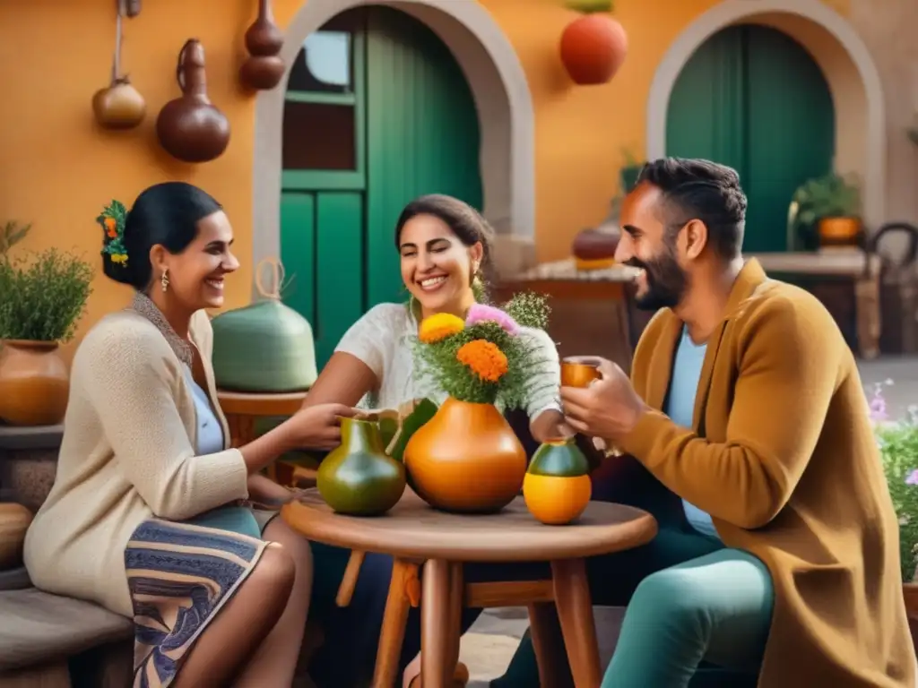 Un grupo de amigos disfrutando de un cálido día en un patio tradicional rioplatense, compartiendo mate como símbolo de amistad