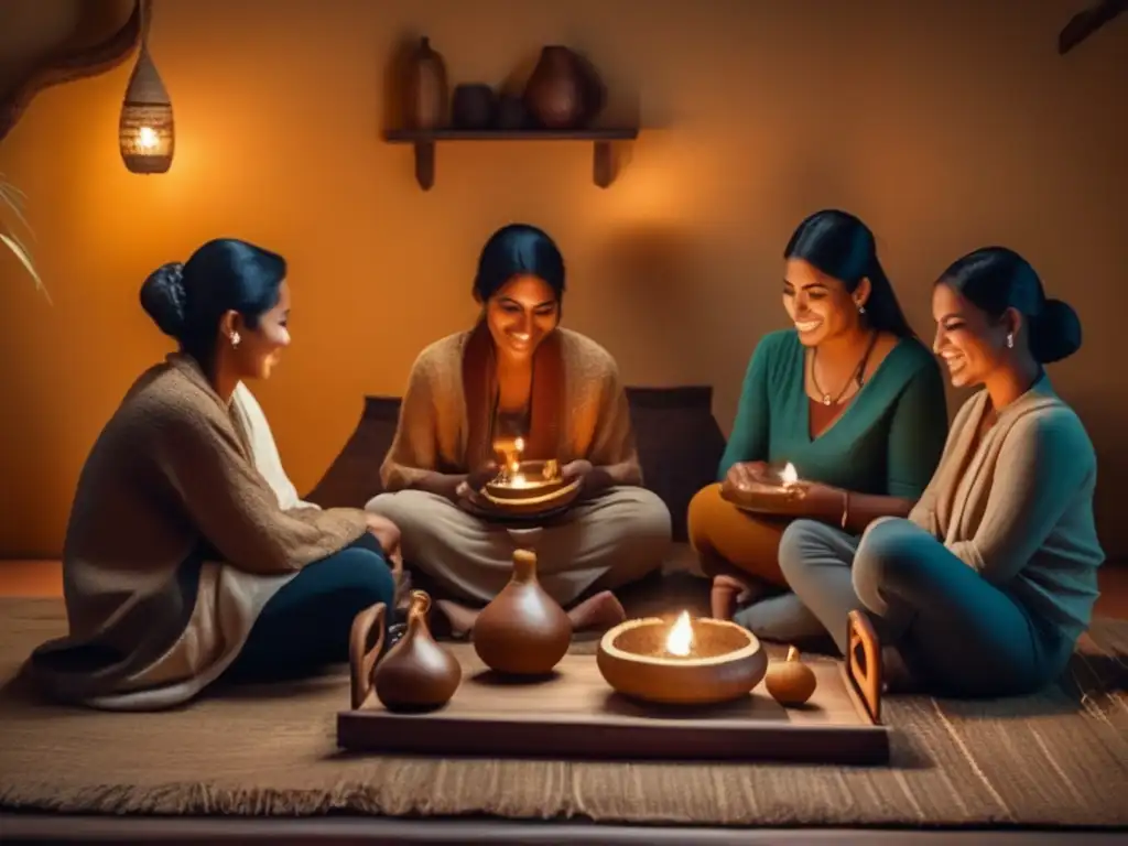 Grupo de amigos disfrutando de la ceremonia del mate en una acogedora sala con muebles de madera rústica