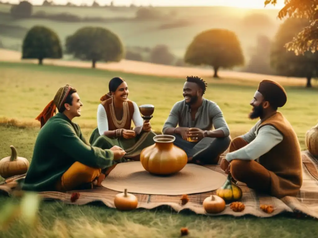 Grupo de amigos disfrutando de una ceremonia de mate en el campo - Técnicas adaptativas para cultivo de mate