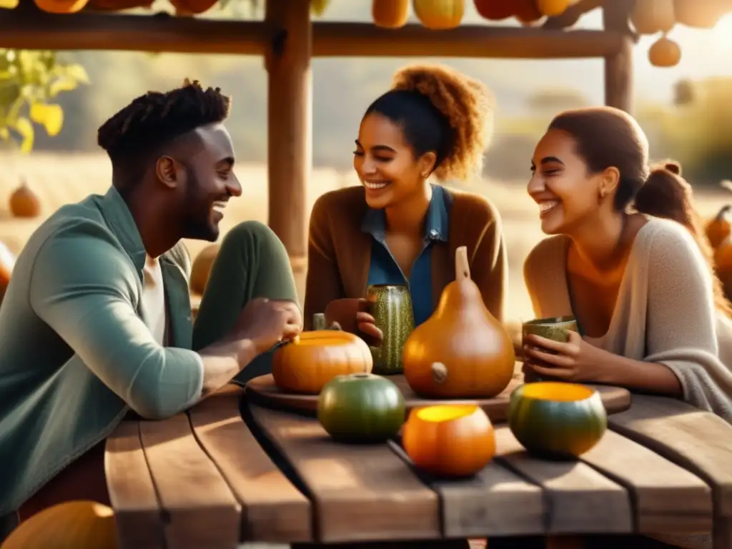 Grupo de amigos disfrutando de la creciente popularidad de la yerba mate saborizada en una escena vintage al aire libre